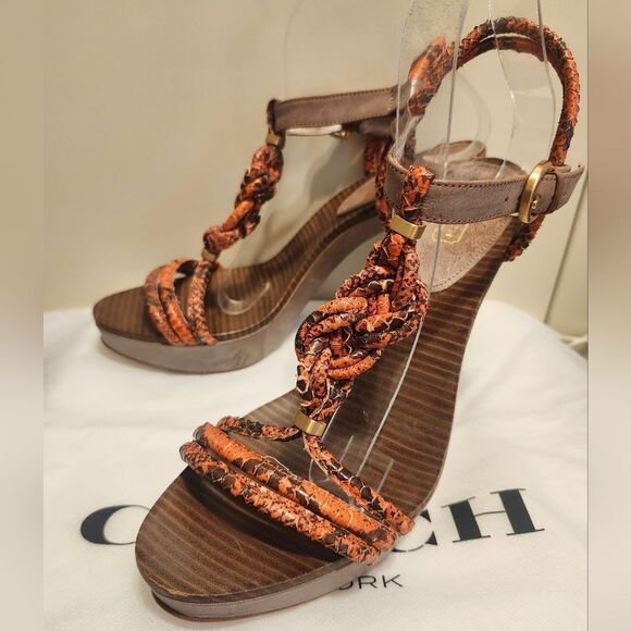 Brand New Coach "Simona" Orange/Tan Snake Waxy Leather Sandals Sz. 9 Ret $328 - Picture 4 of 9